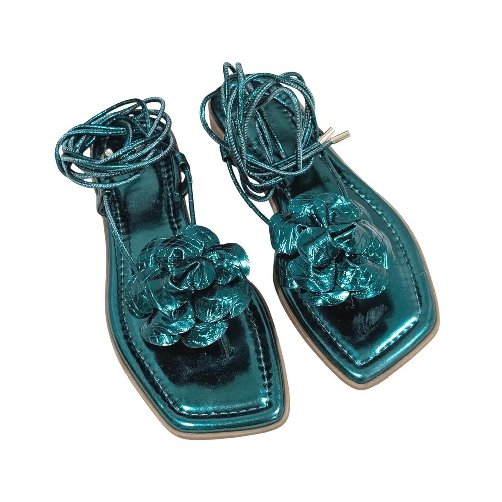 INC International Concepts Emerald Green Metallic Rosette Lace up Sandals 7.5M